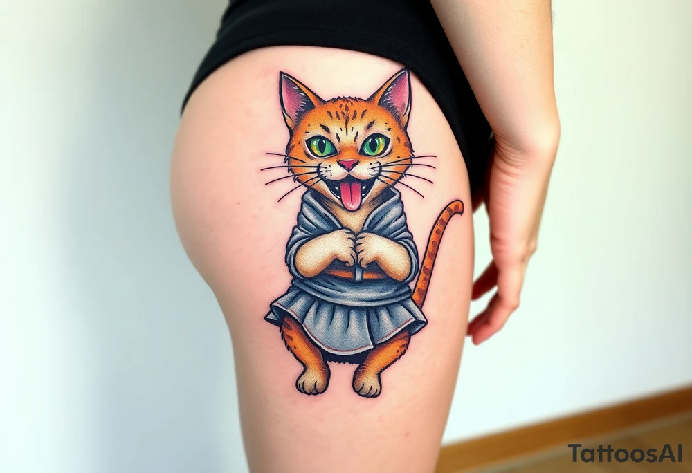 Design a tattoo of a high-quality full color illustration in a surrealism style. The main element should an insane  cat wearing a straightjacket  that has its arms bound tight against its body .its sitting upright on its butt  wearing  a  skirt that is knee length and displaying a wild, crazy expression on its face.  , bulging eyes and tongue hanging out of  one side og its mouth ,very detailed, very colorful and  vivid ,it is depicting a cat locked in a facility for the mentally ill, highest quality tattoo . it  is placed on the buttock  of a young woman with a perfectly shaped firm butt, tattoo idea