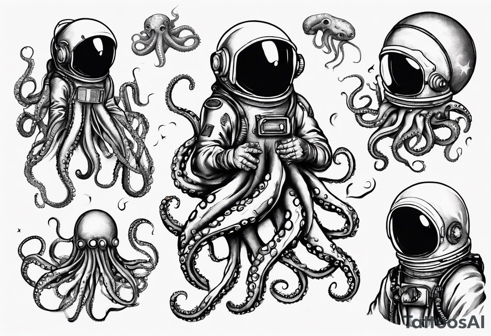 Astronaut wrapped up in an octopus’ tentacles tattoo idea