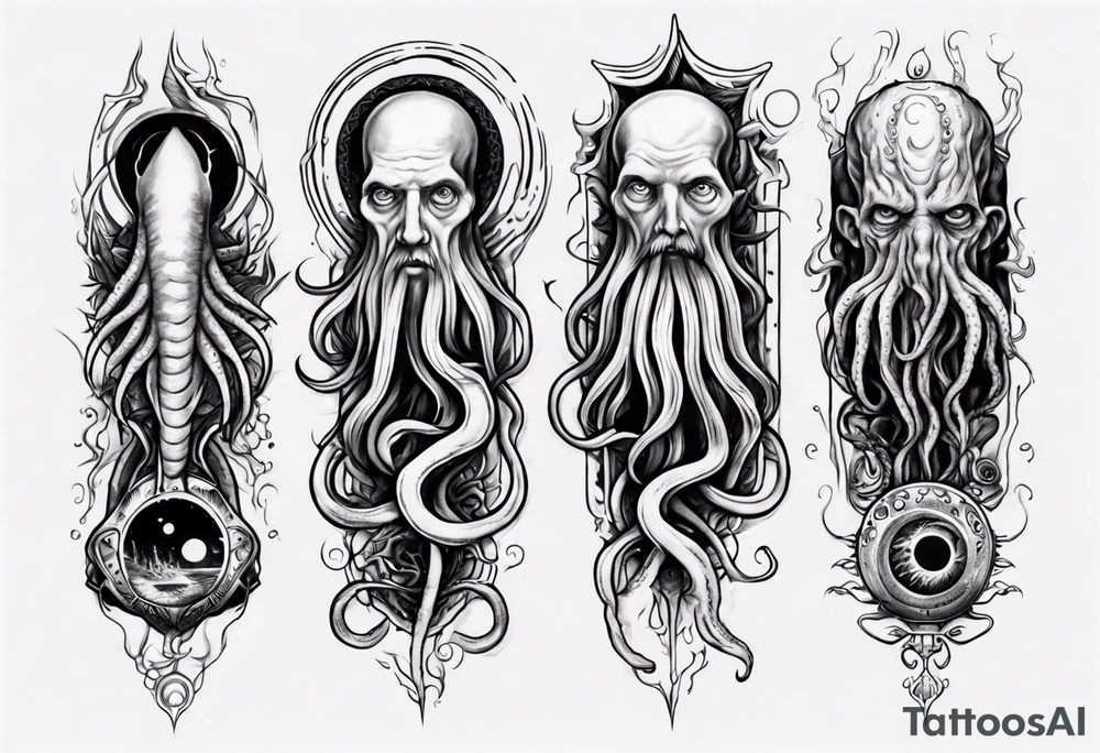 lovecraft long tattoo to put on the forearm, with eye and tentacle tattoo idea