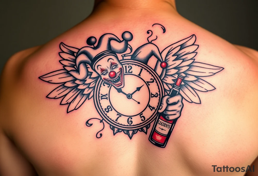 a jester clown coming out of smoke with a  clock, the time says 420,  with two open wings besides the clock, smoke as the spring rising from the clock, a jester clown coming out the smoke, smoking in one hand with a liquor bottle on the other hand tattoo idea
