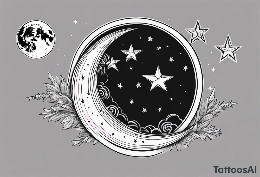 1 Full moon in black and white as main piece , 3 shooting stars going through moon. Two with blue lines in side the star and 1 with pink tattoo idea