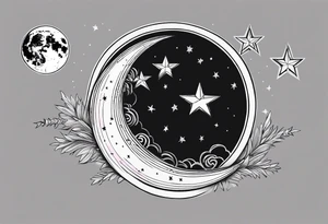 1 Full moon in black and white as main piece , 3 shooting stars going through moon. Two with blue lines in side the star and 1 with pink tattoo idea