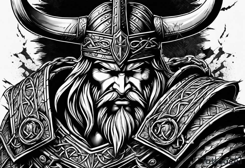 Valhalla sword shield axe barbed wire chains dark cloud tattoo idea