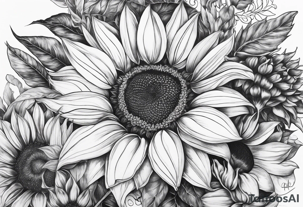 My moms name in cursive Araceli with sunflowers around it with shading all around tattoo idea