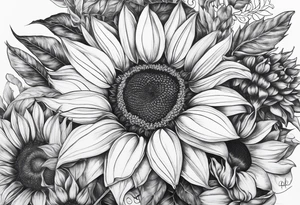 My moms name in cursive Araceli with sunflowers around it with shading all around tattoo idea