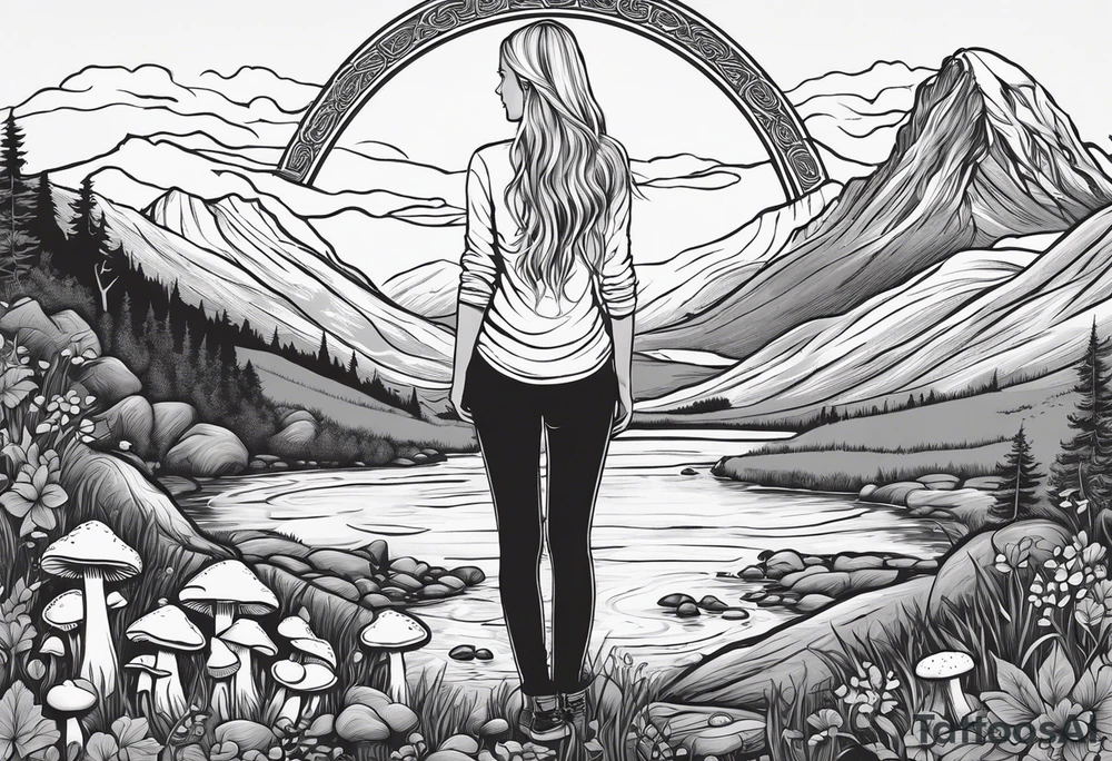 Whole picture encircled fully

Straight long blonde hair hippie girl in distance holding mushrooms in hand facing away toward mountains and creek surrounded by mushrooms long sleeve shirt and hiking pants; whole rendering within a full celtic circle border, no cut off circle tattoo idea