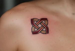 Endless knot in deep red and gold, reflecting the interconnectedness of all existence. tattoo idea