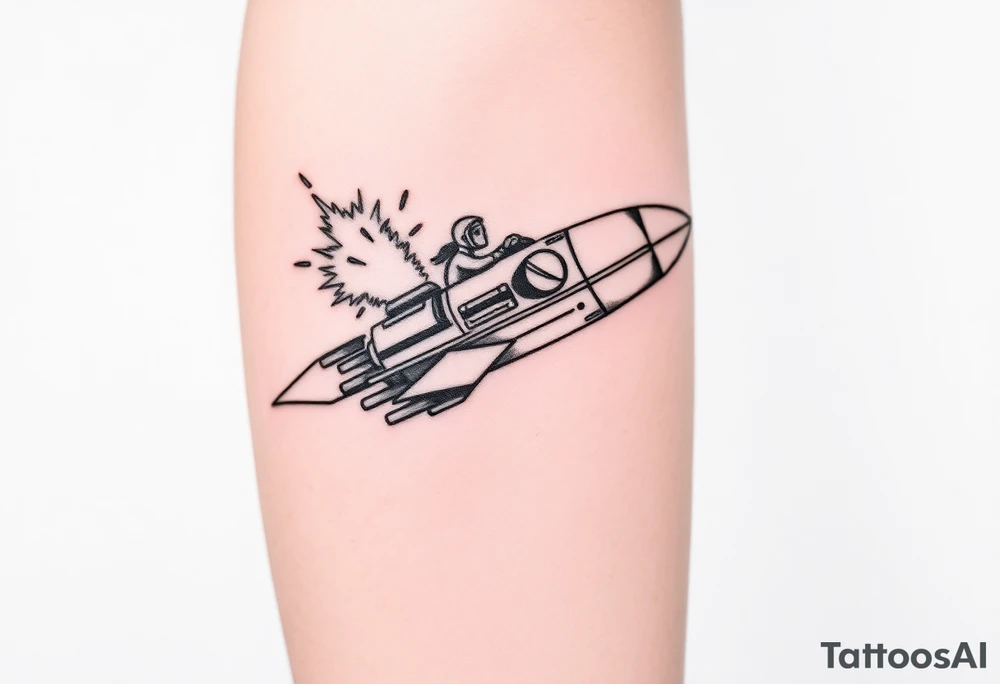 Rocket ship with sparks coming out of the back and someone riding it tattoo idea
