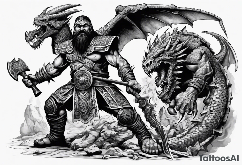 aztec dwarven warrior with a war axe fighting against a dragon in the pits of hell tattoo idea