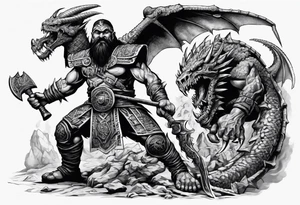 aztec dwarven warrior with a war axe fighting against a dragon in the pits of hell tattoo idea