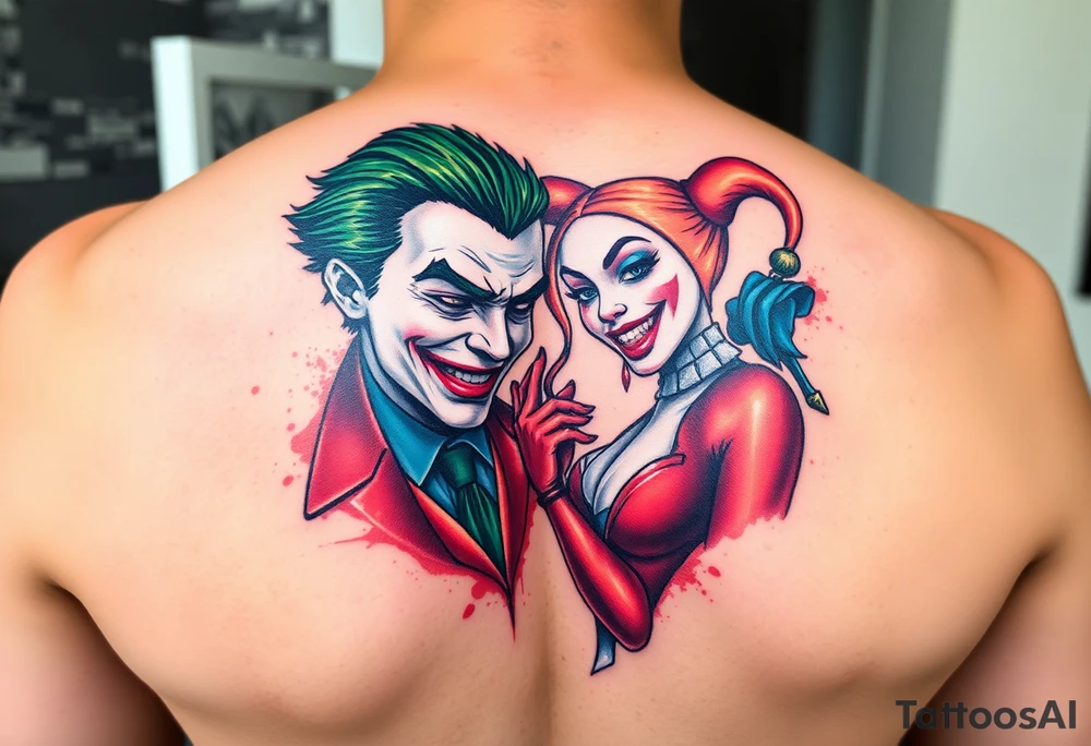 toxic 3d joker and Harley quin together design tattoo idea
