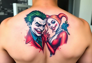 toxic 3d joker and Harley quin together design tattoo idea