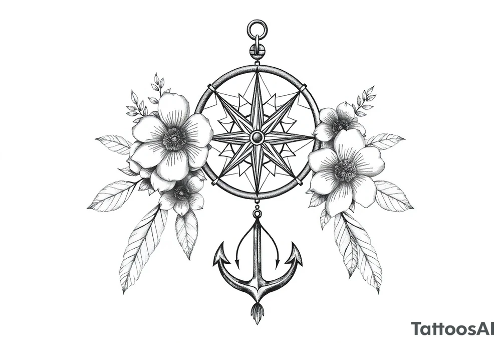 dream catcher with compass and anchor Beautiful flowers and boho like look tattoo idea