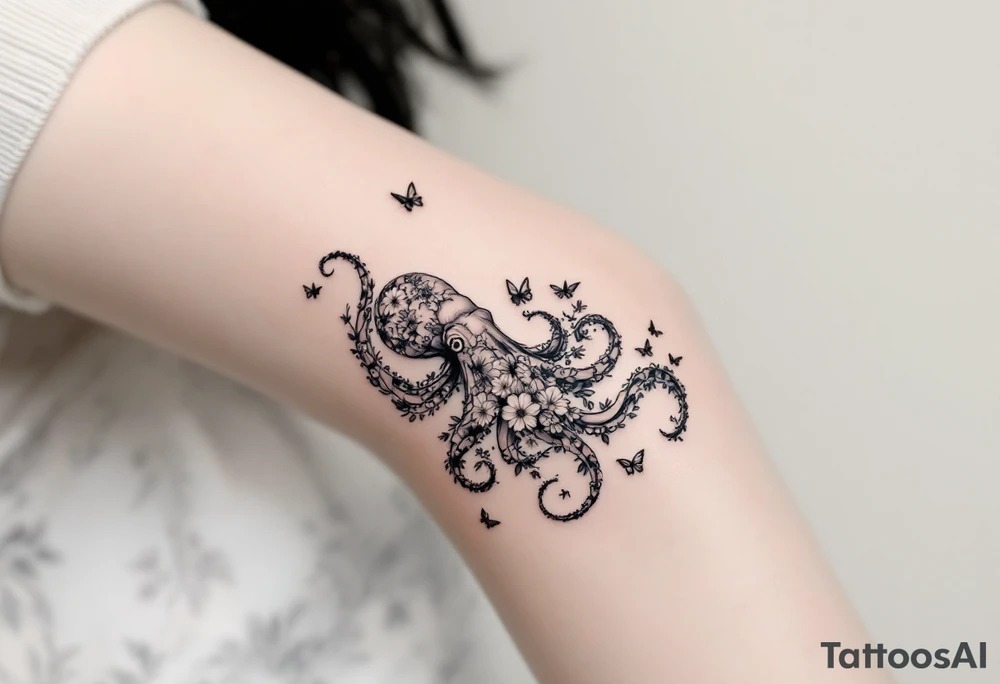 A fine-line tattoo design of a single octopus made entirely of flowers and butterflies. The octopus’s tentacles are shaped like flowing floral vines with leaves and petals, and its body is composed of overlapping blossoms and butterfly wings. The style is minimalist, elegant, and nature-inspired, with delicate black and grey lines, soft shading, and no outlines. No aquatic or marine elements besides the floral octopus. The design flows organically down the upper arm or shoulder, with a light, airy, and poetic feel. tattoo idea