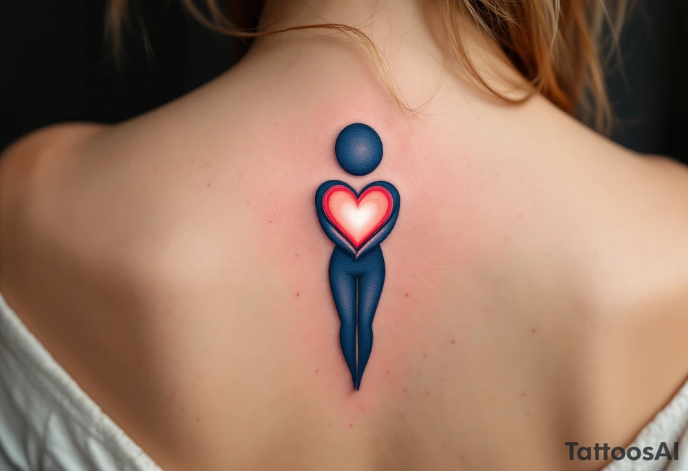 A navy blue infinity figure embracing a glowing coral pink heart at the top located on the back of the head tattoo idea