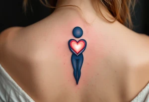 A navy blue infinity figure embracing a glowing coral pink heart at the top located on the back of the head tattoo idea