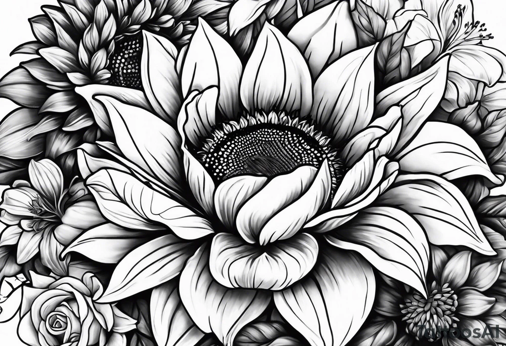 Sunflower, Rose and Lily tattoo idea
