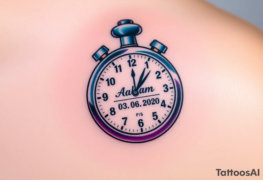 A stopwatch clock, which contains the child’s name "Adam" and birth date "03. 06. 2020", in blue, purple, and silver tattoo idea