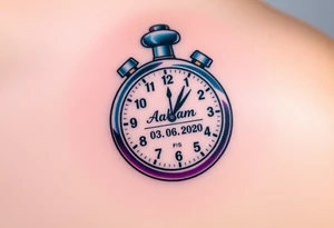 A stopwatch clock, which contains the child’s name "Adam" and birth date "03. 06. 2020", in blue, purple, and silver tattoo idea