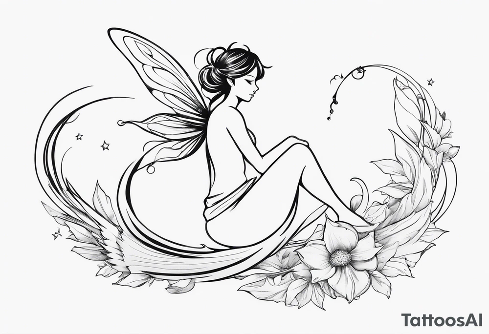Minimalistic, monochromatic fairy with a tail flying to the left in a fetal position, leaning and looking in the same direction, with visible hands, embodying the 'Fairy Tail' logo aesthetic. tattoo idea