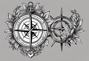 A selucid style anchor on top of a compass and a olive branch wreathe wrapped around the compass tattoo idea