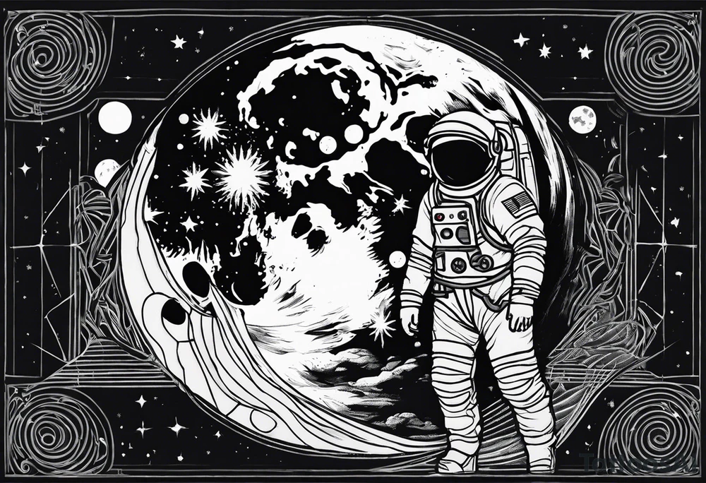 man on the moon space theme arm sleeve tattoo idea