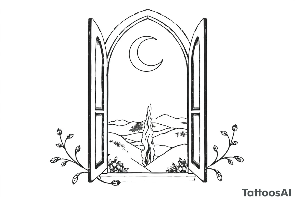 Tall church window with stained glass showcasing crescent moon over a hilly landscape as a fire burns in the distance tattoo idea