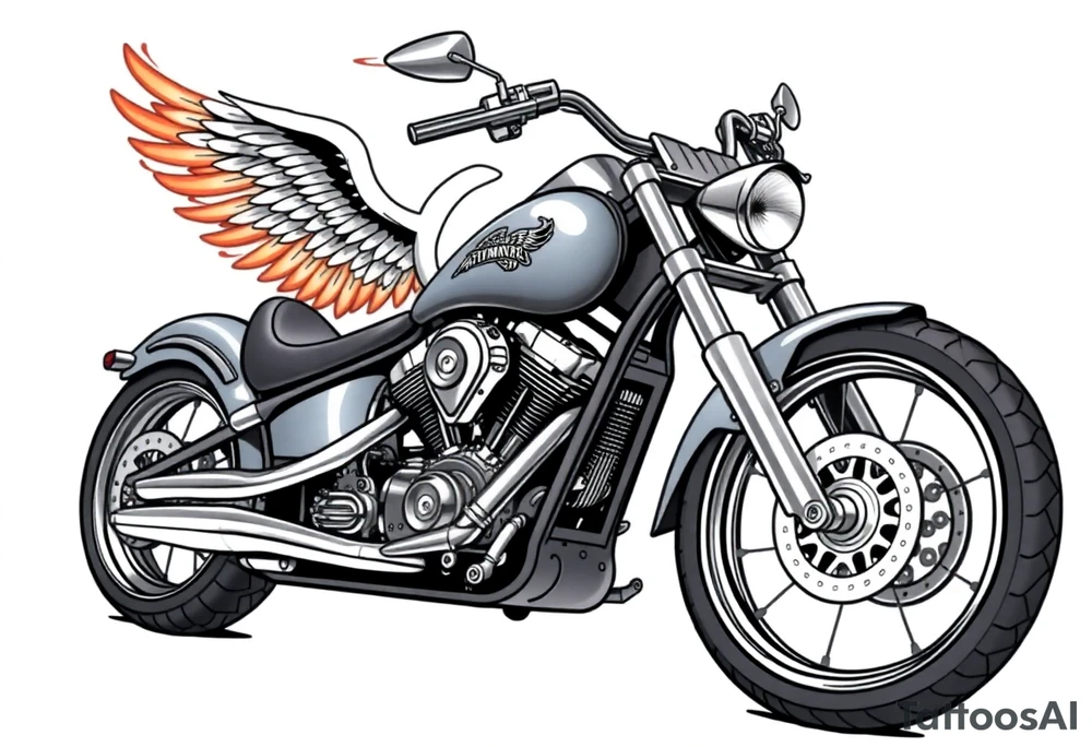 Low rider grey motorcycle, big muffler pipes with flames, angel wings, driving away, no person tattoo idea