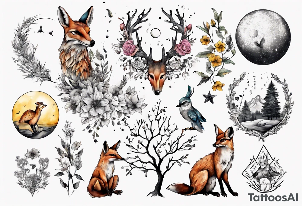 wasser, sonne, mond, fuchs, eule kolibri, wald, hirsch, blume des lebens, 
baum, berlin tattoo idea