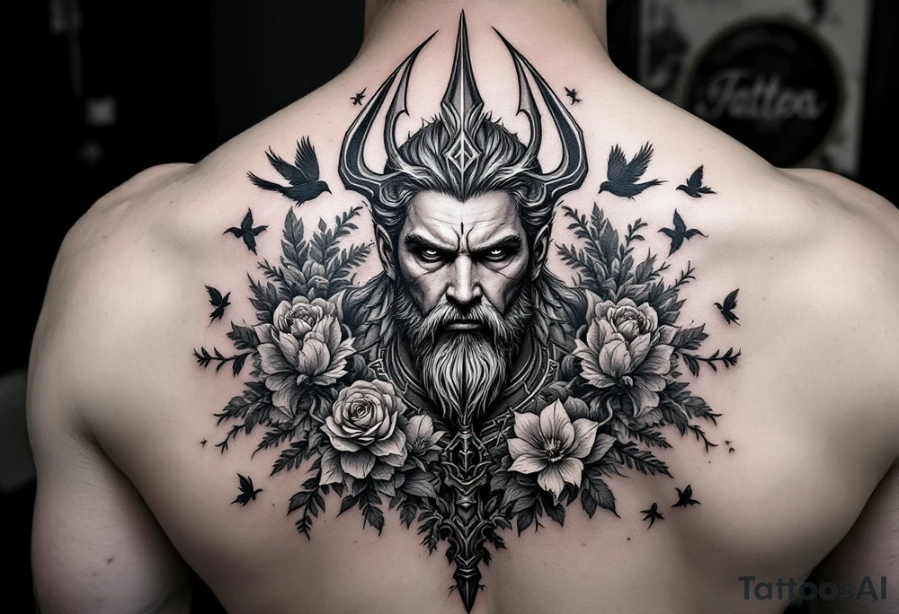 powerful man with a trident, surrounded by floral ornaments and birds tattoo idea