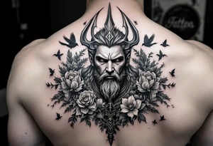 powerful man with a trident, surrounded by floral ornaments and birds tattoo idea