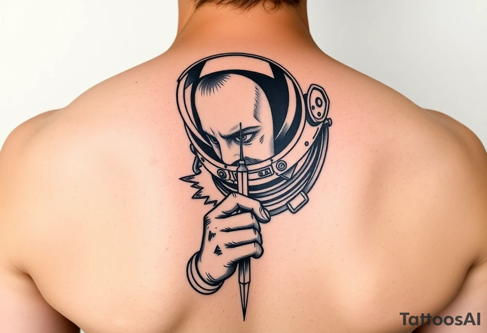 A spaceman junkie with a needle tattoo idea
