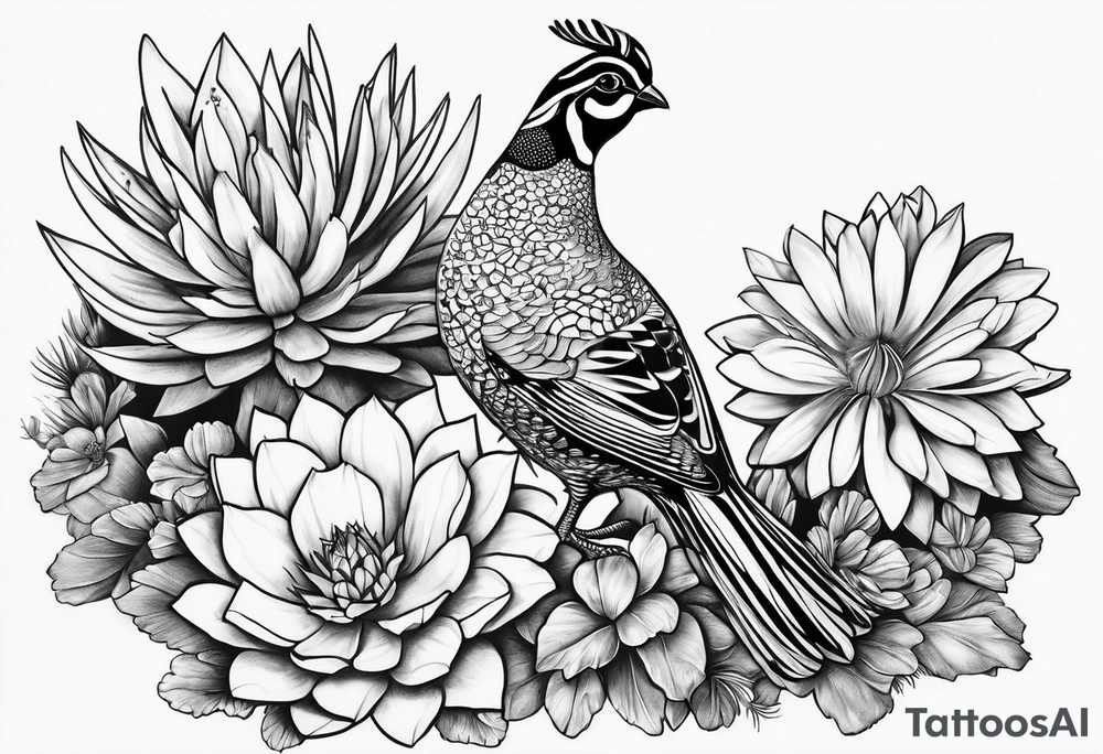 Quails, cactus, flowers tattoo idea