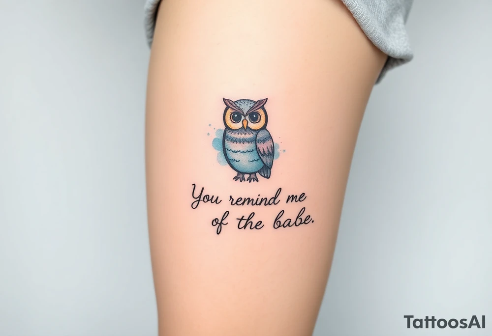 Small owl with water color background and “You remind me of the babe” in script tattoo idea
