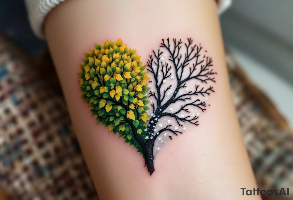 One has half of a heart-shaped tree with bright green leaves, the other with bare branches and snow, forming a full tree of love through seasons. tattoo idea