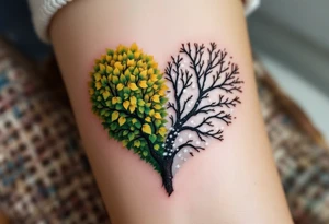 One has half of a heart-shaped tree with bright green leaves, the other with bare branches and snow, forming a full tree of love through seasons. tattoo idea