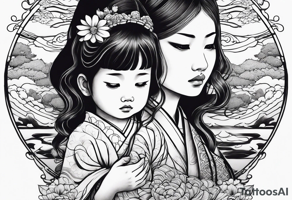 Sad little girl with father spirit holding her tattoo idea