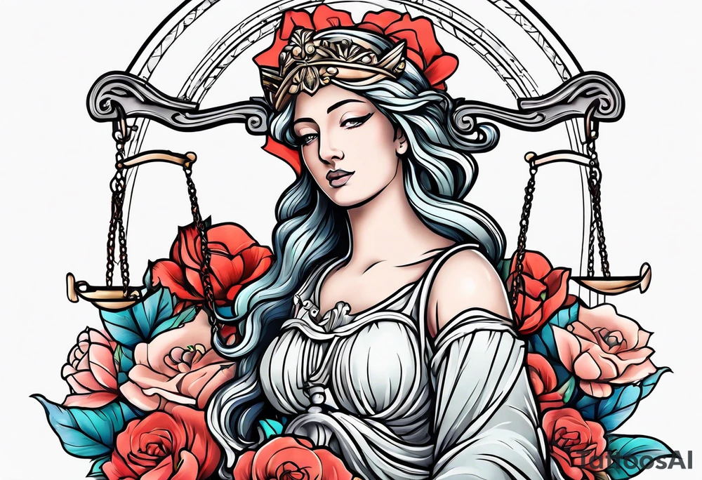 Sleeve with lady justice and flowers tattoo idea