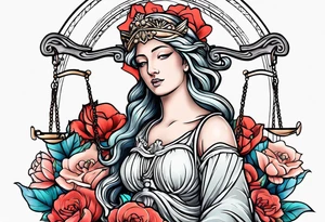 Sleeve with lady justice and flowers tattoo idea
