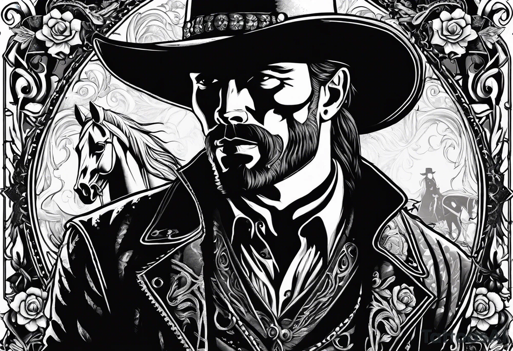 western background with a horse man,skelleton in the middle with a revolver and red dead redemtion hat tattoo idea western background with a horse man,skelleton in the middle with a revolver and red dead redemtion hat tattoo idea