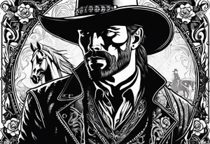 western background with a horse man,skelleton in the middle with a revolver and red dead redemtion hat tattoo idea