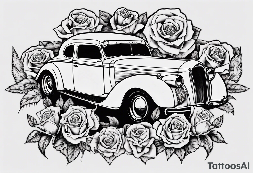I want a tattoo of an old classic car and a skeleton with roses in the back with the name “Viking Customs” incorporated in the design tattoo idea