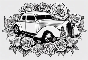 I want a tattoo of an old classic car and a skeleton with roses in the back with the name “Viking Customs” incorporated in the design tattoo idea