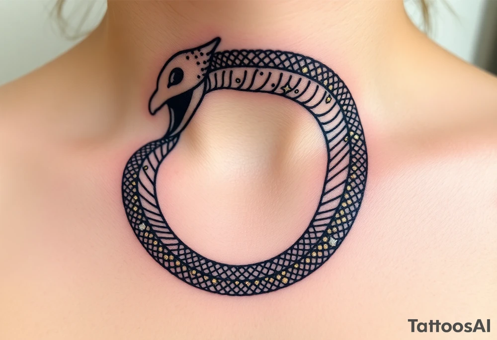 A celestial Ouroboros with shimmering golden and silver patterns, embedded with tiny constellations across its body. tattoo idea