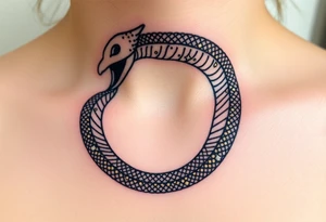 A celestial Ouroboros with shimmering golden and silver patterns, embedded with tiny constellations across its body. tattoo idea
