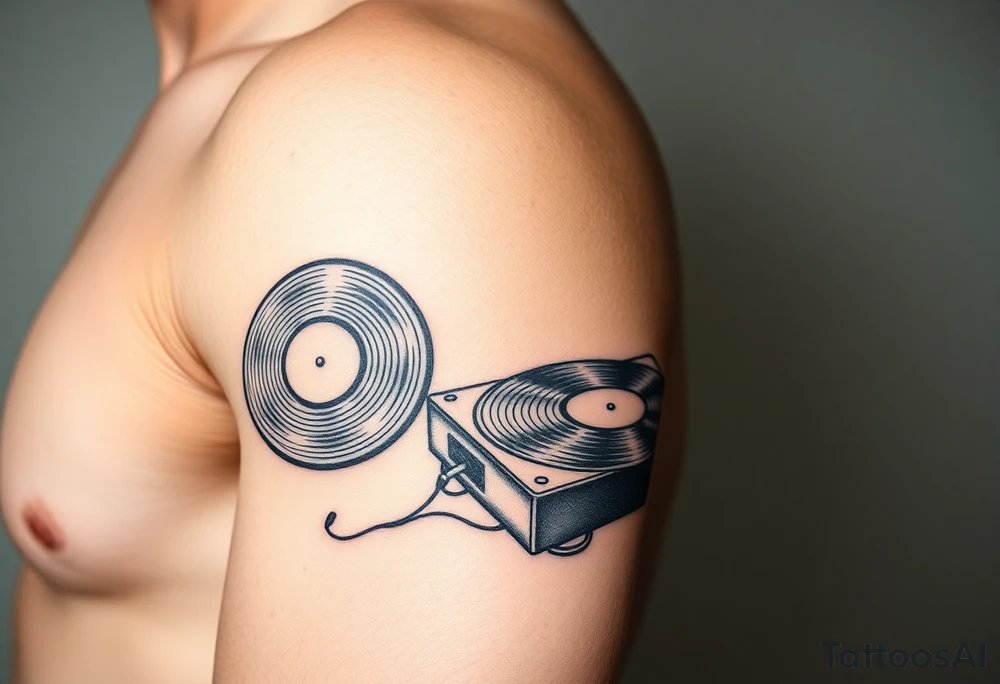 vinyl records and vinyl record player as an expression of love for house music tattoo idea