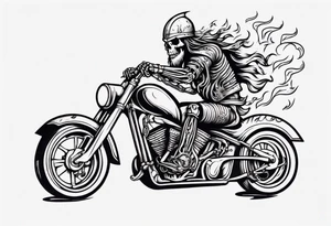 A viking skeleton riding a motorcycle with flames tattoo idea