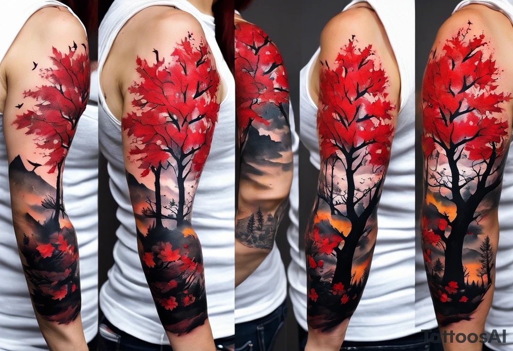 trash polka style. Arm tattoo. Long tattoo. Full sleeve. Shoulder. A single large maple tree with red autumn leaves that branches upwards from wrist to shoulder. White-throated dipper bird on the trees branches. Calluna flowers at the base of the trees stem. Tree stem has dark colors. Red/yellow sunset behind the trees stem. Leaves falling. tattoo idea