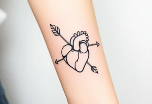 anatomical heart pierced by ornate arrow with flowing ribbons tattoo idea