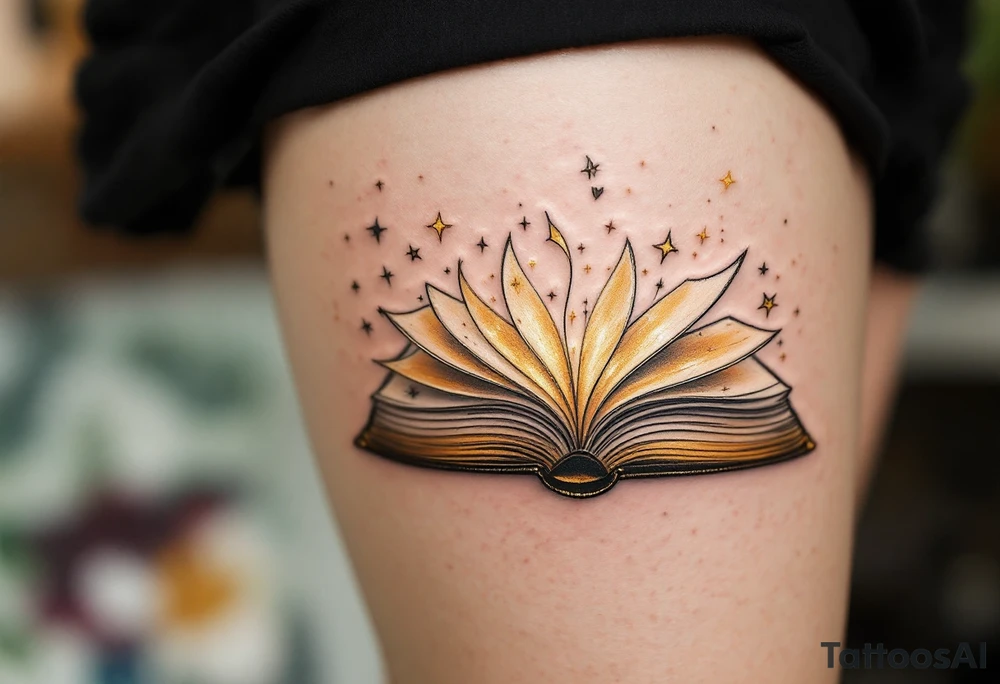 An open book with golden pages, each turning page revealing a different phase of life tattoo idea